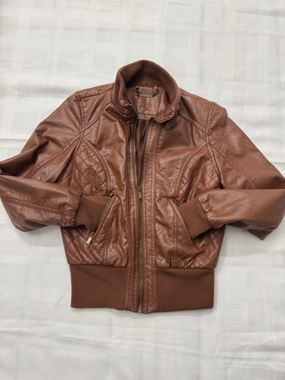 Women's Brown Quilted Faux Leather Bomber Jacket